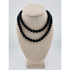 VTG Hand Strung Matte Black Glass Beads on Silver Tone Wire necklace 32 inch